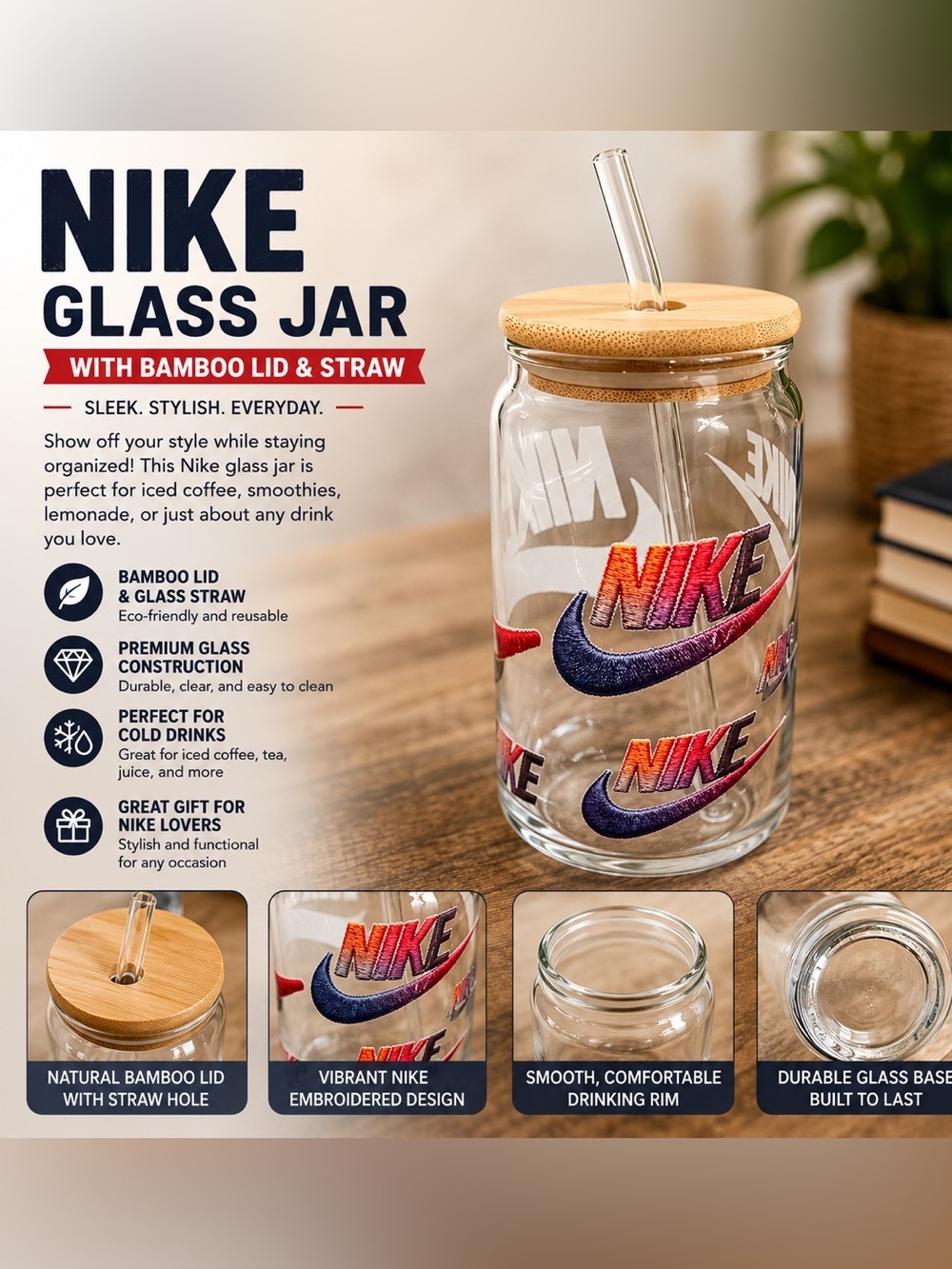 Nike Clear Glass Jar with Red and Purple Swoosh Logos and Bamboo Lid